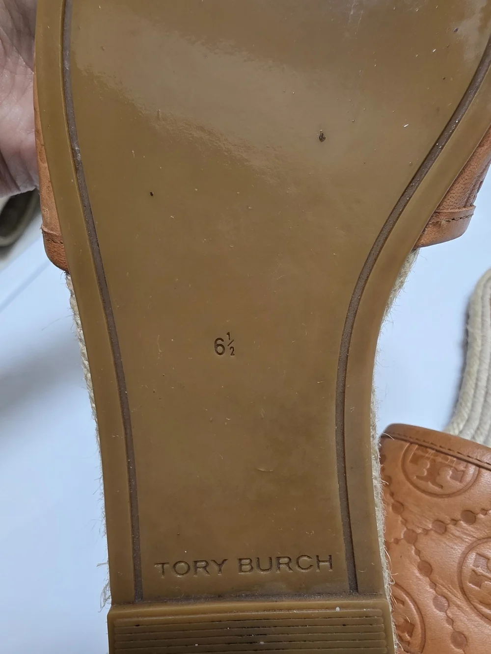 Tory Burch Cognac Leather Logo Espadrille Slide Sandals